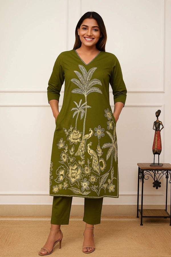 Raspberry  Mehndi Green Malmal Cotton Printed Kurta Set - Thatch Green, L
