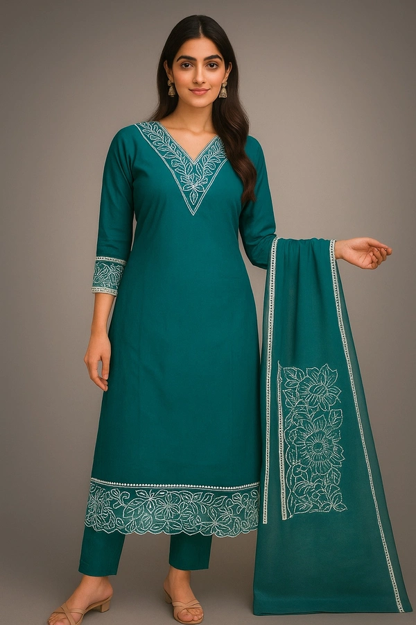 Raspberry Teal Blue Embroidered Kurta with Pant & Dupatta - teal blue, M