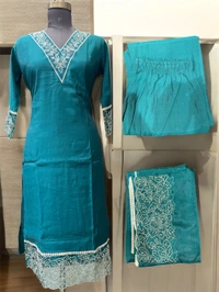 Raspberry Teal Blue Embroidered Kurta with Pant & Dupatta - teal blue, M