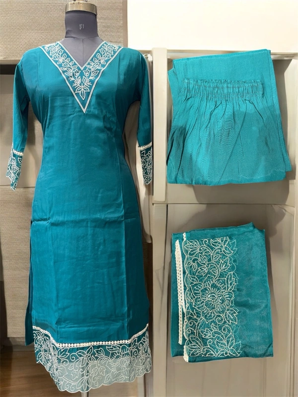 Raspberry Teal Blue Embroidered Kurta with Pant & Dupatta - teal blue, M