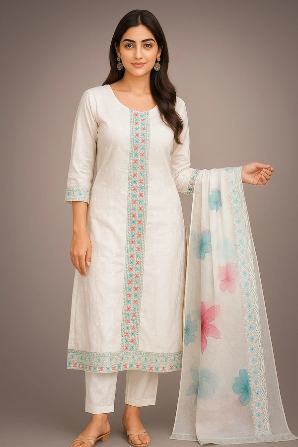 RASPBERRY White  Kurta with Colorful Embroidery & Printed Dupatta - off white, XL