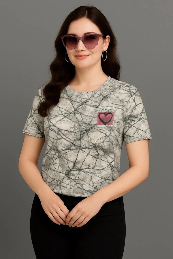 Korean Trendy Marble Print Half Sleeve T-Shirt with Heart Patch for Women - printed, L