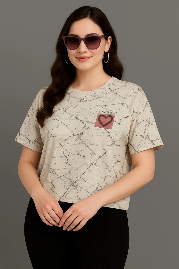 Korean Trendy Women’s Half Sleeve Off-Shoulder Printed T-Shirt - Off white prints, L