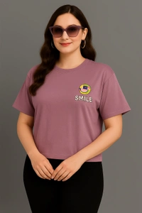 Korean Trendy Oversized Half Sleeve “Smile” Printed T-Shirt for Women  - Lavender, Free Size