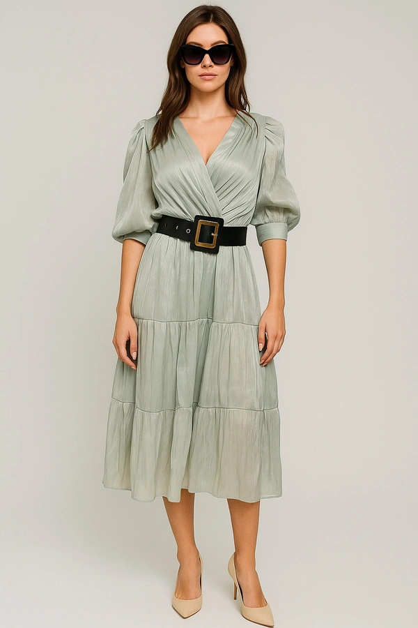 Dytto Sage Green Pleated Midi Dress with Belt - Sage green, XLL
