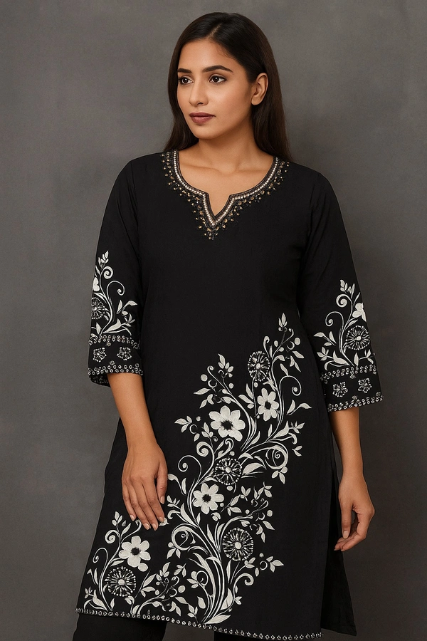 Raspberry  Black Maslin Embroidered Kurti Set with Bandhej Dupatta (3XL) - Black print, 3XL