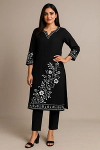 Raspberry  Black Maslin Embroidered Kurti Set with Bandhej Dupatta (3XL) - Black print, 3XL