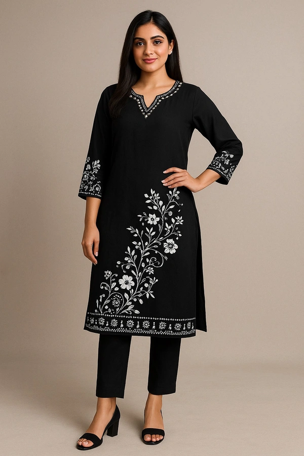 Raspberry  Black Maslin Embroidered Kurti Set with Bandhej Dupatta (3XL) - Black print, 3XL