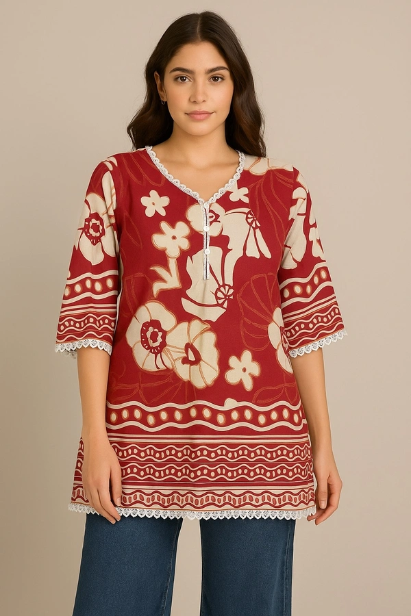 Kiona  Trendy Red Floral Printed Short Kurti - Red, M
