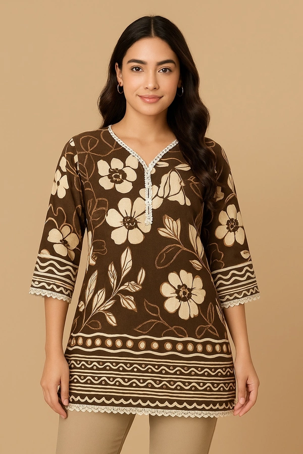 Kiona  Trendy Brown Floral Printed Short Kurti - brown, L