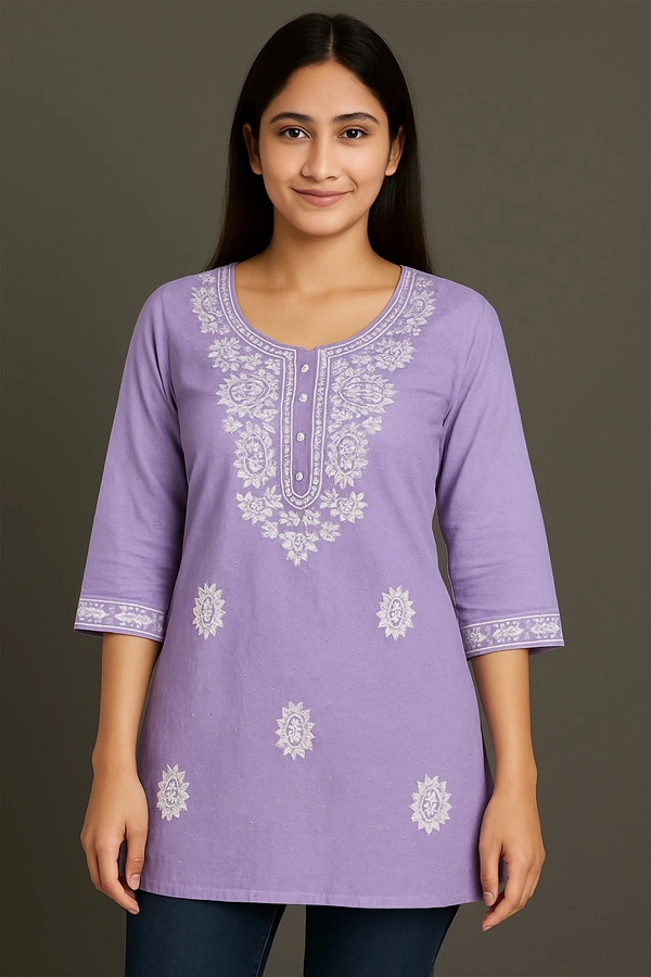 Raspberry  Elegant Embroidered Cotton Kurti 💜✨ - Lavender, M