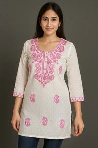 Raspberry White Kurti with Pink Embroidery 🤍💗 - White, L