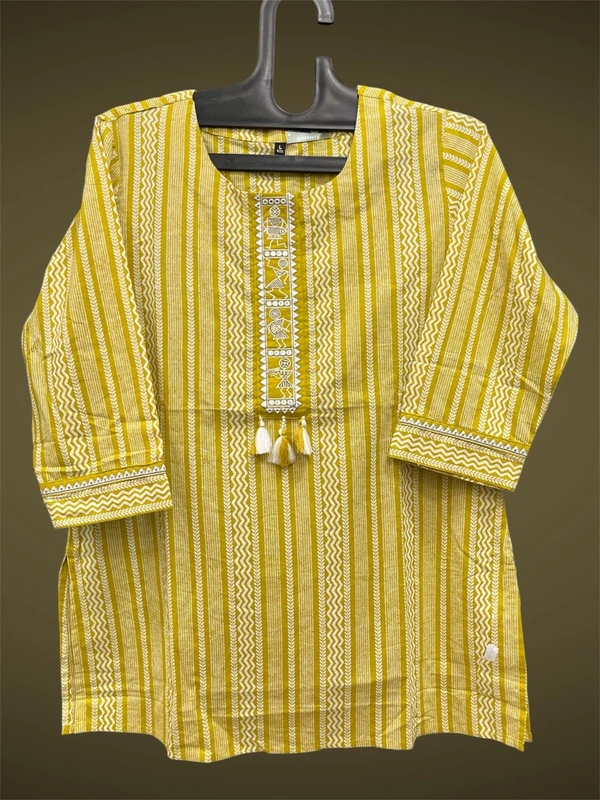 Raspberry Trendy Yellow Printed Jeans Kurti 💛✨ - yellow, M