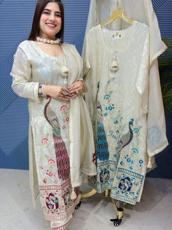 Raspberry  Royal Banarasi Peacock Embroidered Suit - Aqua Haze, XL/42