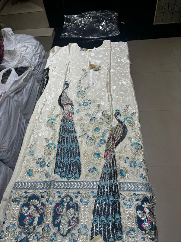 Raspberry  Royal Banarasi Peacock Embroidered Suit - Aqua Haze, XL/42