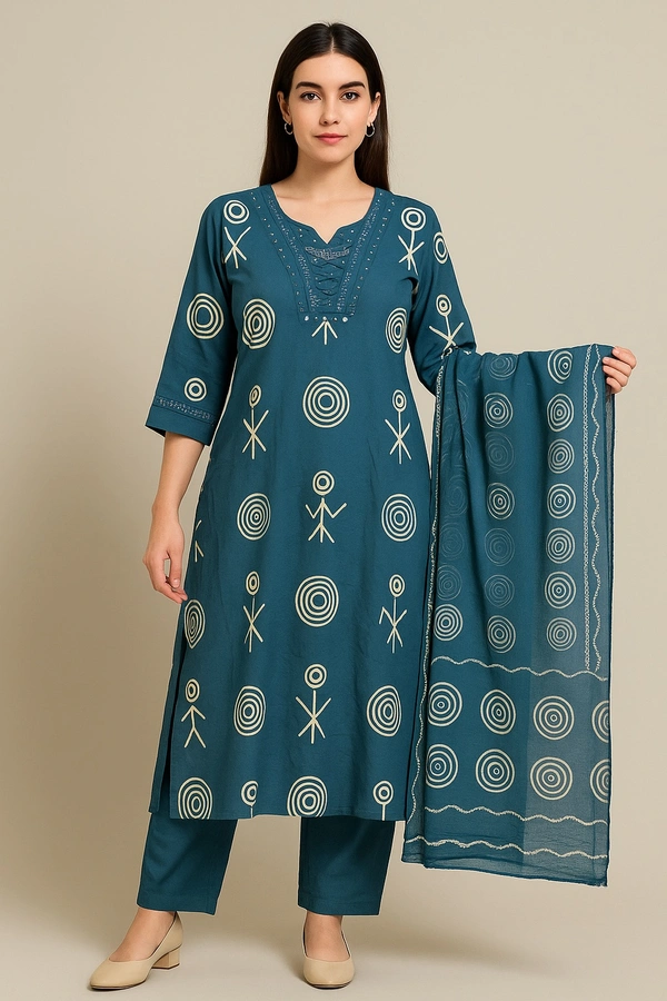 Raspberry Teal Blue & Beige Ethnic Printed Cotton Suit Set (4XL–7XL) - Teal blue, 6XL/52