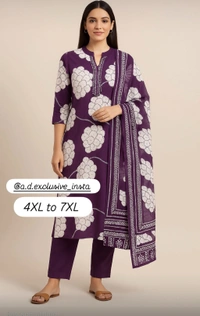 Raspberry Purple & White Ethnic Printed Cotton Suit Set (4XL–7XL) - purple, 4XL/48