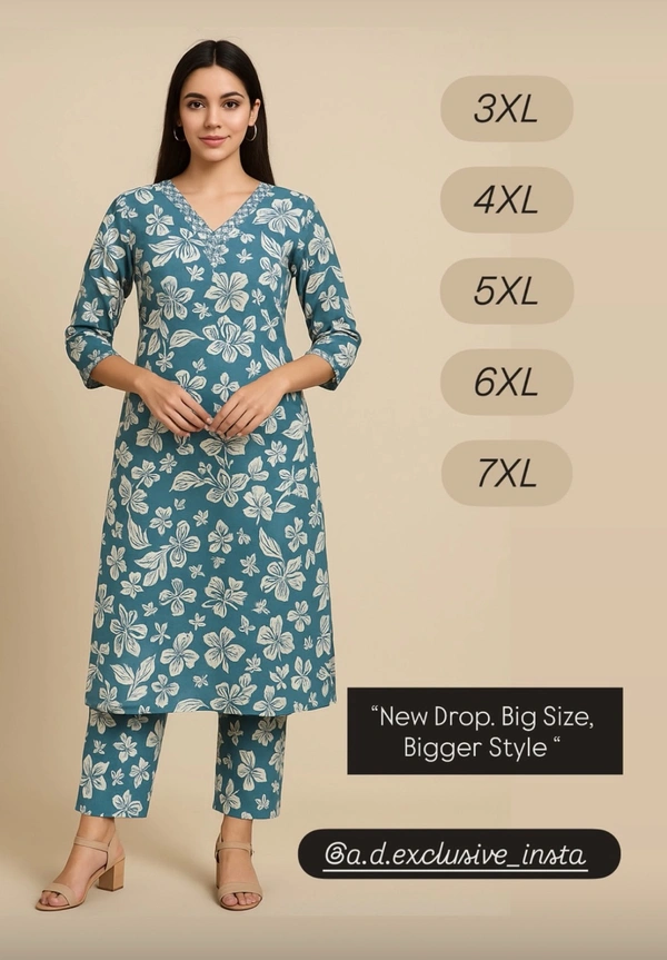 Raspberry  Blue & Multicolor Floral Printed Cotton Suit Set (4XL–7XL) - 5XL/50, Te Papa Green