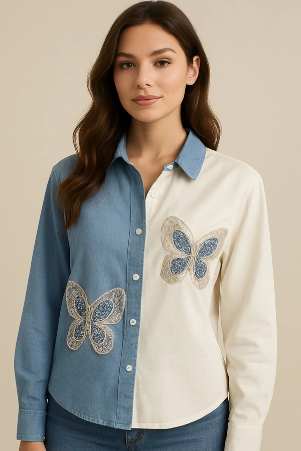 Korean  Butterfly Embroidered Dual Tone Shirt – XXL - XXL, white blue