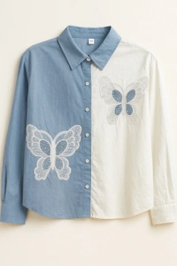 Korean  Butterfly Embroidered Dual Tone Shirt – XXL - XXL, white blue