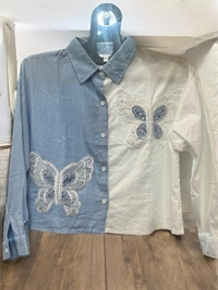 Korean  Butterfly Embroidered Dual Tone Shirt – XXL - XXL, white blue
