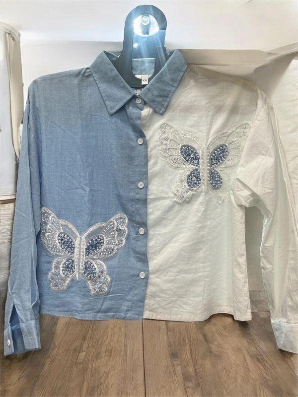 Korean  Butterfly Embroidered Dual Tone Shirt – XXL - XXL, white blue
