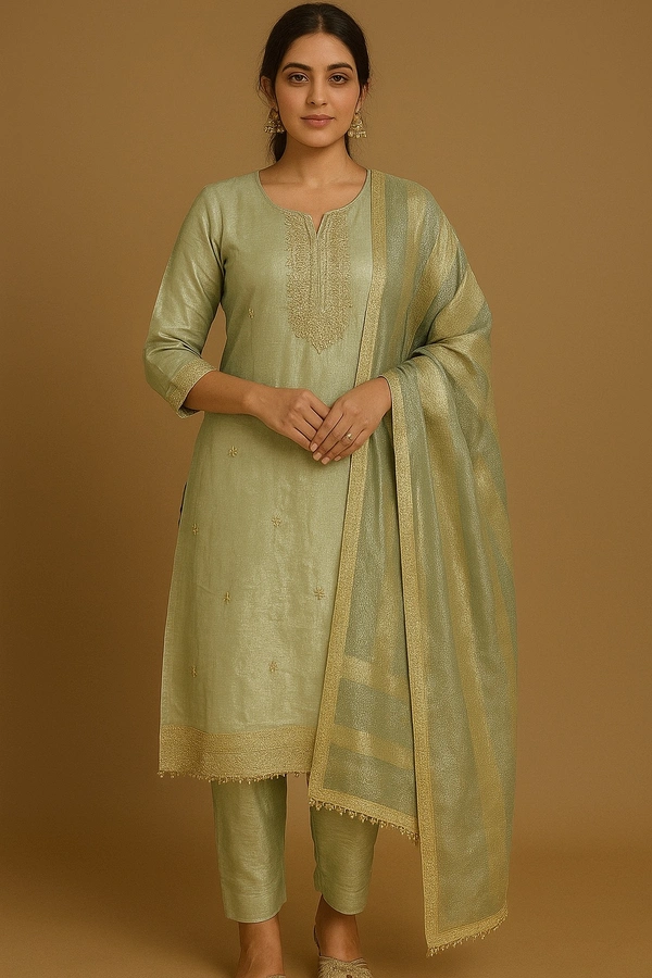 Raspberry Light Pista Green Banarasi Shimmer Suit Set - XL/42, Pista Green