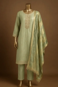 Raspberry Light Pista Green Banarasi Shimmer Suit Set - XL/42, Pista Green