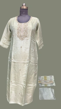 Raspberry Light Pista Green Banarasi Shimmer Suit Set - XL/42, Pista Green