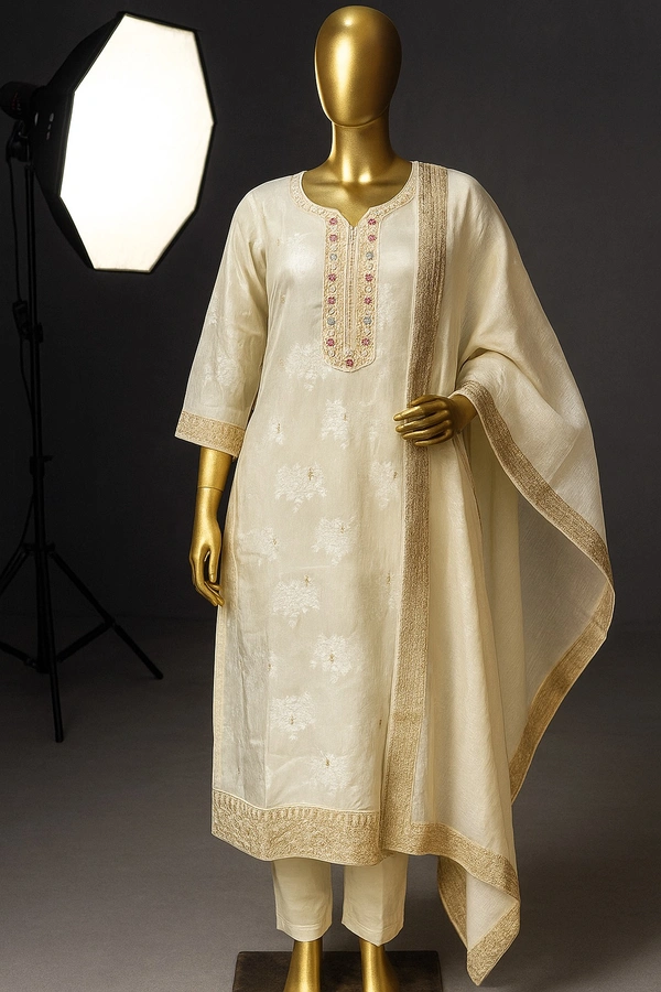 SWISH ✨ Off-White Banarasi Elegance Suit Set ✨ - L/40, Off White