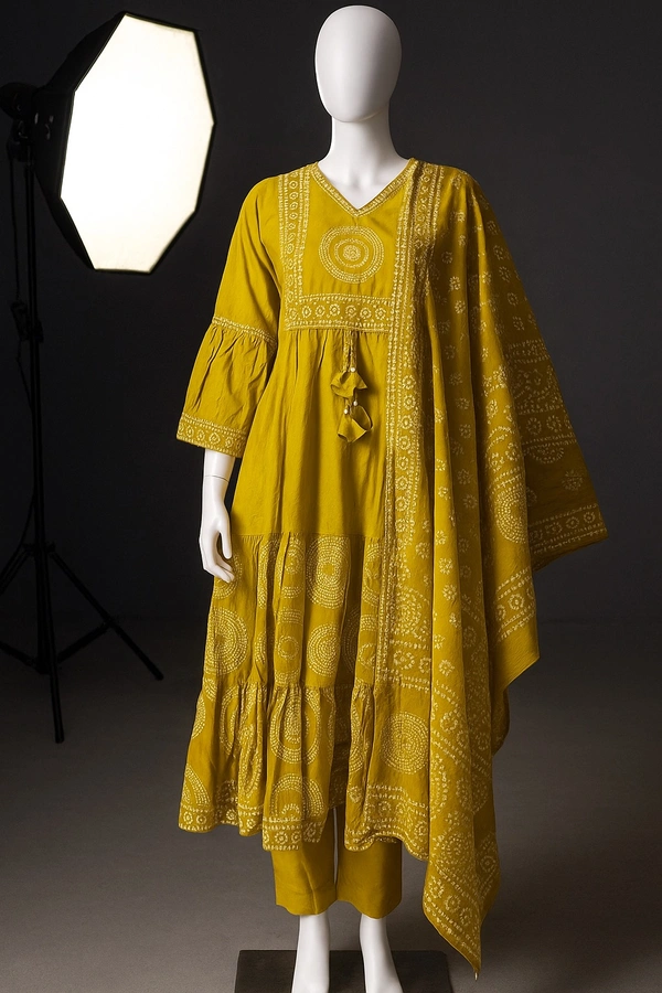 Raspberry 🌼 Mustard Green Bandhani Frock Kurti Set 🌼 - XXL, Cherry Blossom