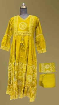 Raspberry 🌼 Mustard Green Bandhani Frock Kurti Set 🌼 - XXL, Cherry Blossom