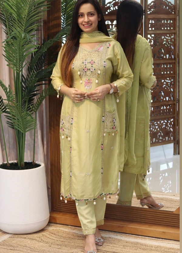 Raspberry 💛 Pastel Green Hand-Embroidered Kurti Set 💛 - L, Olive Green