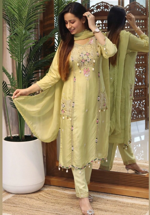 Raspberry 💛 Pastel Green Hand-Embroidered Kurti Set 💛 - L, Olive Green