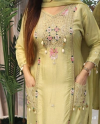 Raspberry 💛 Pastel Green Hand-Embroidered Kurti Set 💛 - L, Olive Green