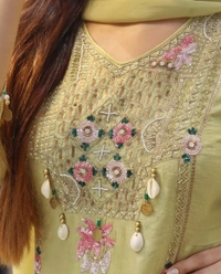 Raspberry 💛 Pastel Green Hand-Embroidered Kurti Set 💛 - L, Olive Green