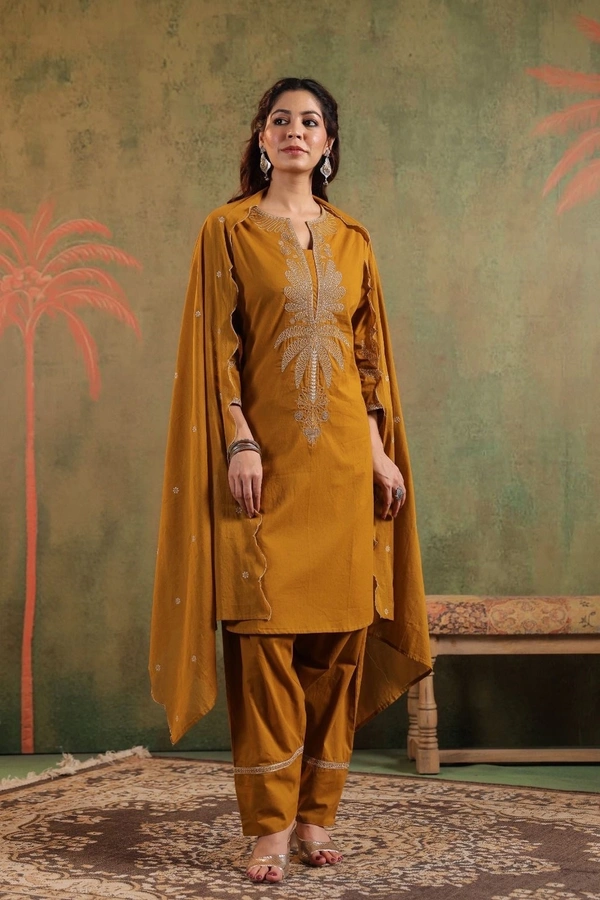 Raspberry Mustard Embroidered Cotton Salwar Suit Set - XL/42, mustard