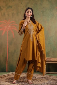 Raspberry Mustard Embroidered Cotton Salwar Suit Set - XL/42, mustard