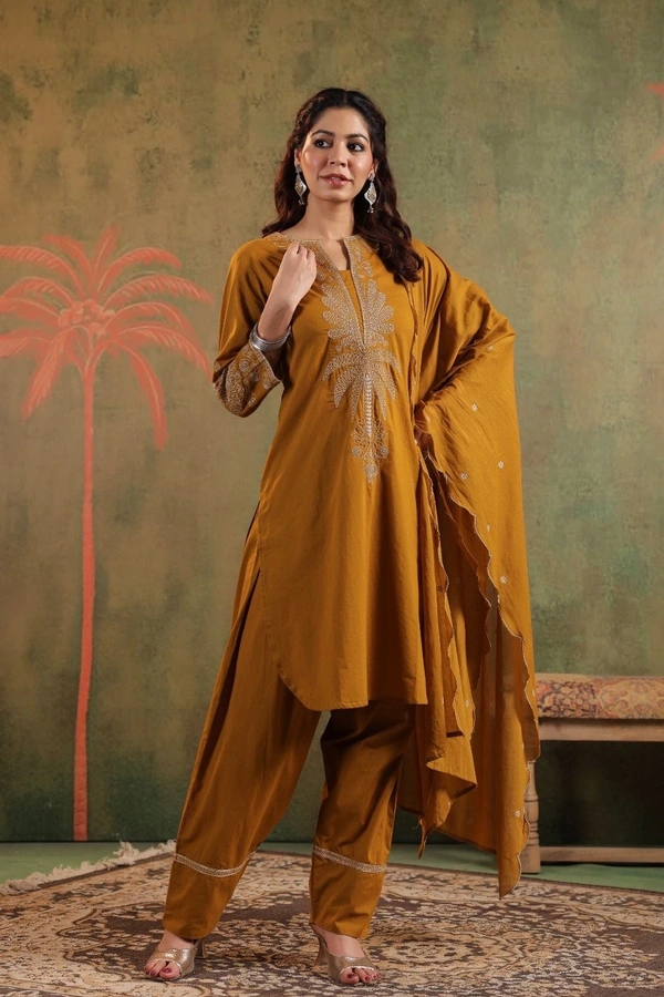Raspberry Mustard Embroidered Cotton Salwar Suit Set - XL/42, mustard