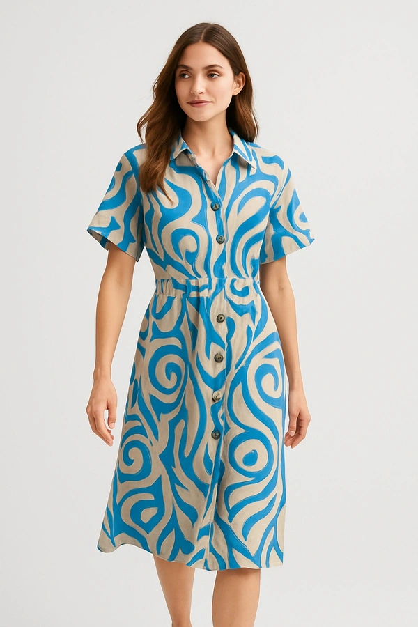 Collared Button-Down Printed Midi Dress - 4XL, Sky Blue