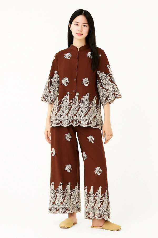 Korean Elegant Brown Embroidered Cord Set - Free Size, Morocco Brown