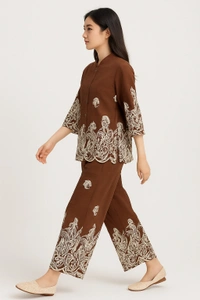 Korean Elegant Brown Embroidered Cord Set - Free Size, Morocco Brown