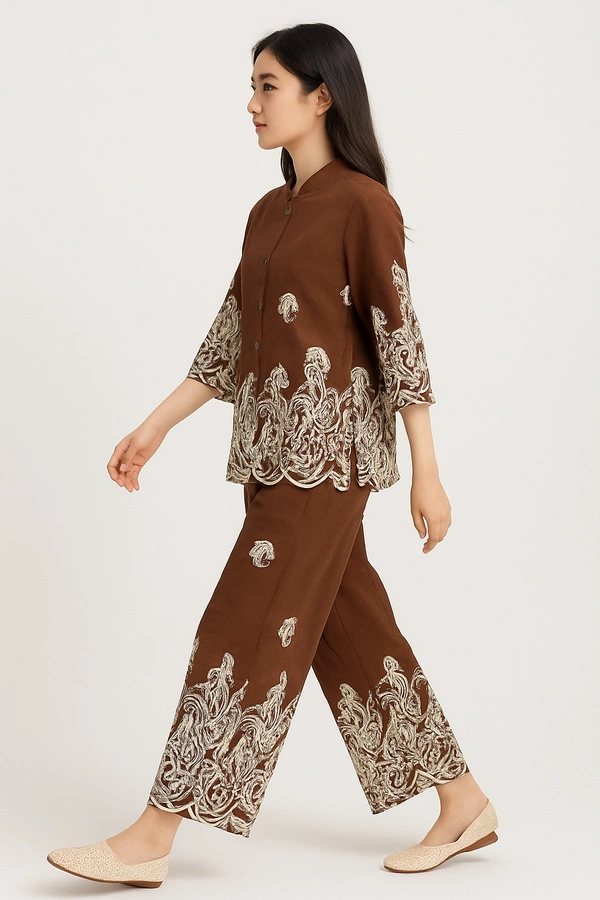 Korean Elegant Brown Embroidered Cord Set - Free Size, Morocco Brown