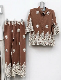 Korean Elegant Brown Embroidered Cord Set - Free Size, Morocco Brown