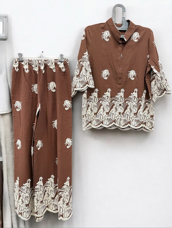 Korean Elegant Brown Embroidered Cord Set - Free Size, Morocco Brown