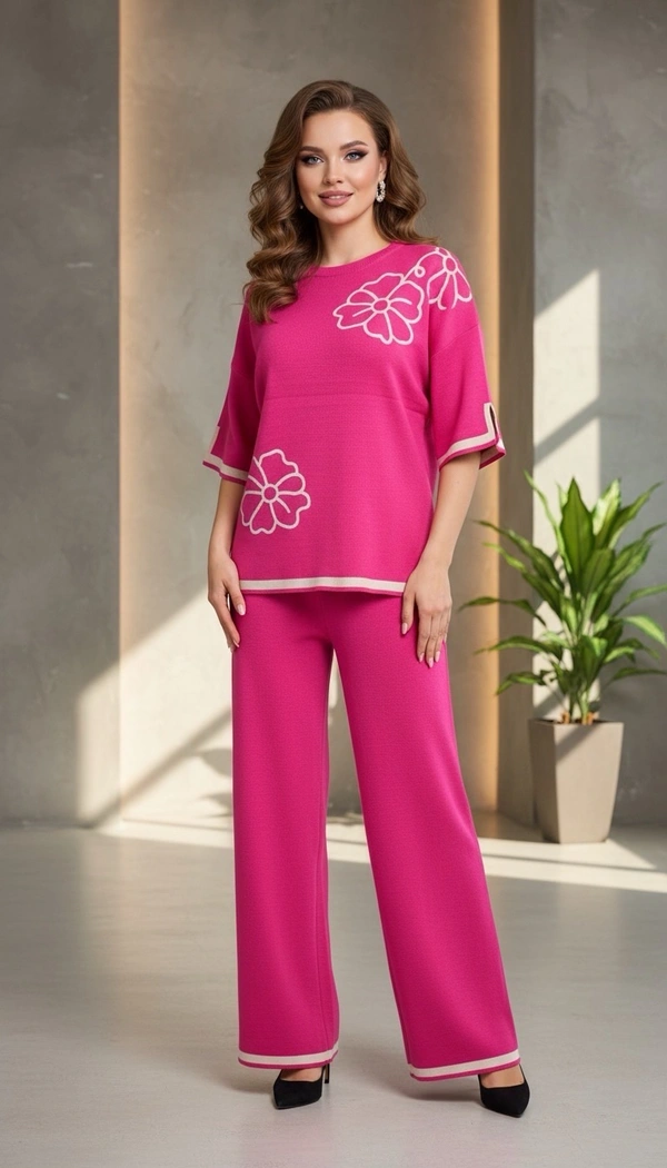 Korean Elegant Floral Pink Cordset - hot pink, Free Size