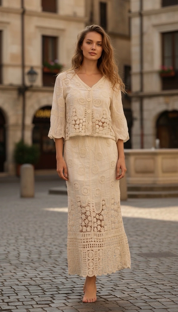 Korean Beige Crochet Co-Ord Set - Free Size, Beige