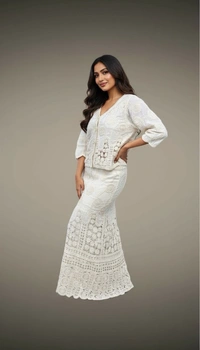 Korean Beige Crochet Co-Ord Set - Free Size, Beige