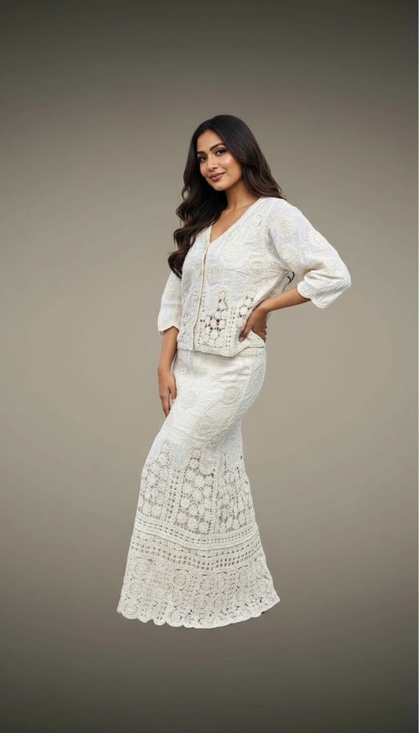 Korean Beige Crochet Co-Ord Set - Free Size, Beige