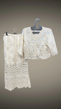 Korean Beige Crochet Co-Ord Set - Free Size, Beige